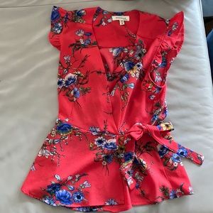 Monteau Red Floral Ruffle shoulder Tie up top